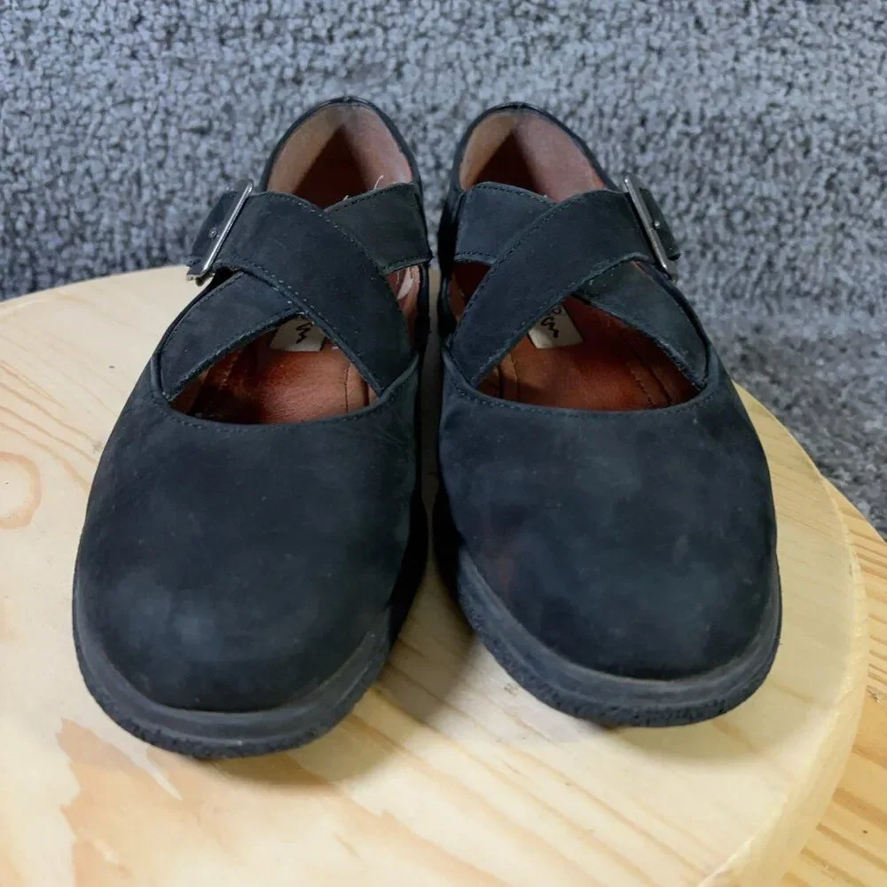 Ecco Shoes Mary Jane Flats Womens Size 10 Black Leather Buckle Portugal Vintage